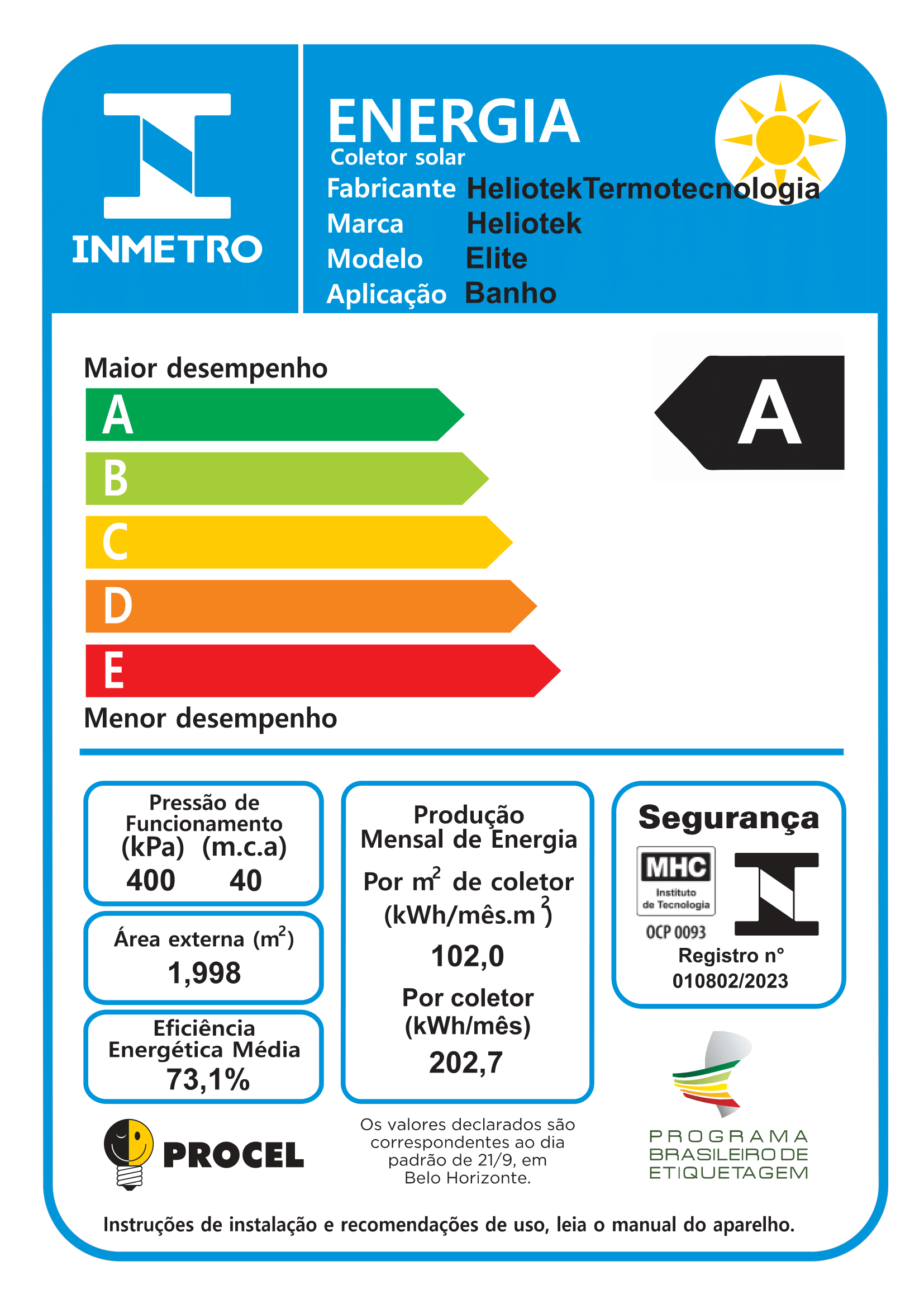 etiqueta inmetro de coletor solar MC1300 TF10