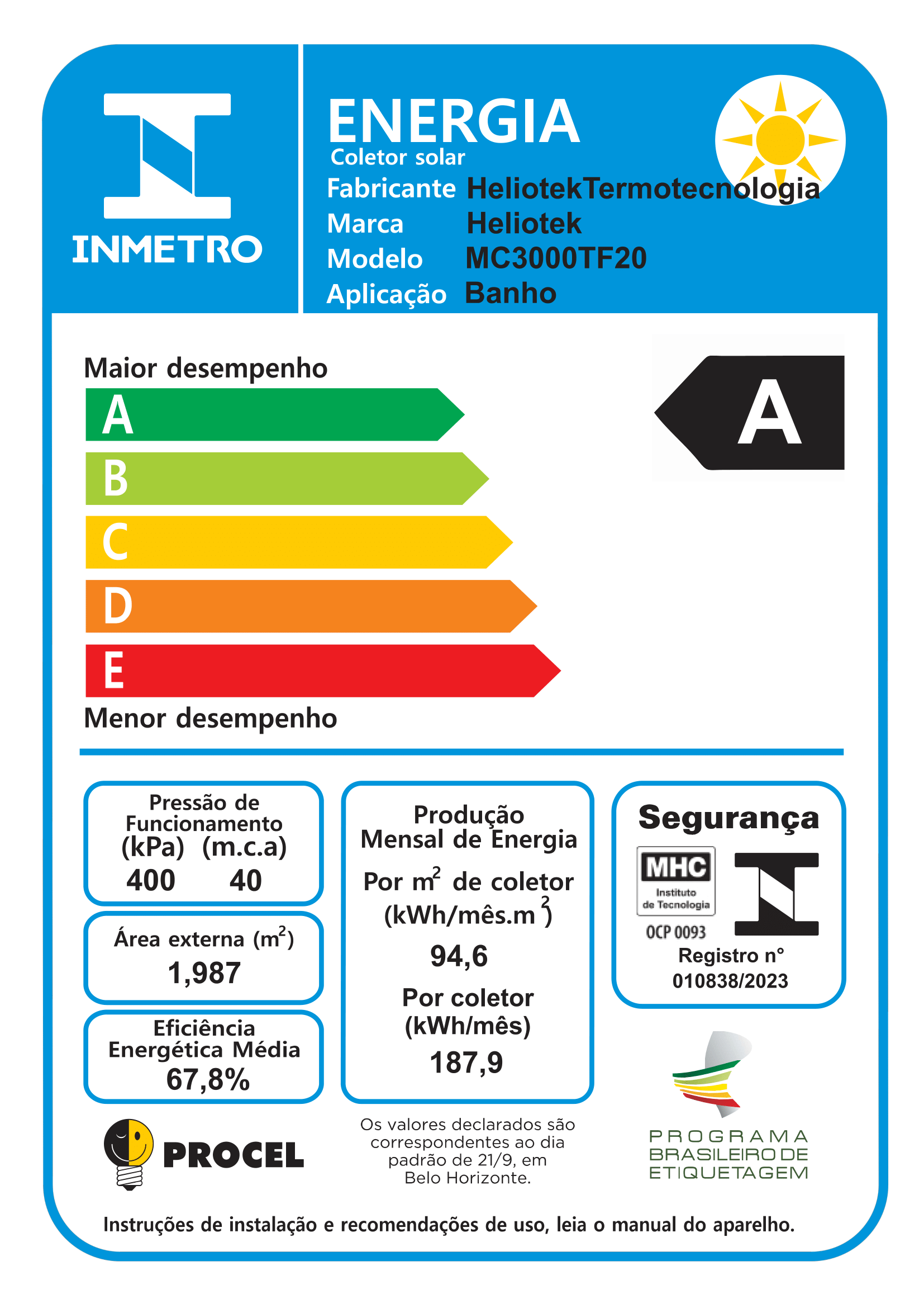 etiqueta inmetro de coletor solar MC1300 TF10